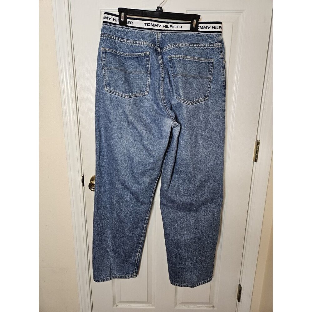 Vintage Tommy Hilfiger Jeans Mens 36x32 Blue Big Flag Straight Y2K Pants Baggy - Picture 8 of 12